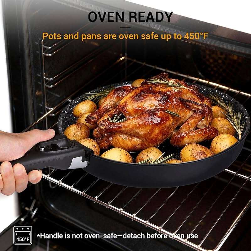 Ammeloo 21-Piece Ceramic Pots and Pans Set Non Stick with Detachable Handles and Egg Frying Pan, Non-Toxic Cookware, Induction Ready, Oven Safe, Stackable for Storage, Black Speckled - Image 8