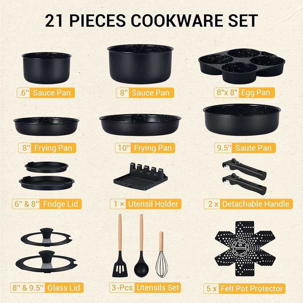 Ammeloo 21-Piece Ceramic Pots and Pans Set Non Stick with Detachable Handles and Egg Frying Pan, Non-Toxic Cookware, Induction Ready, Oven Safe, Stackable for Storage, Black Speckled - Image 9