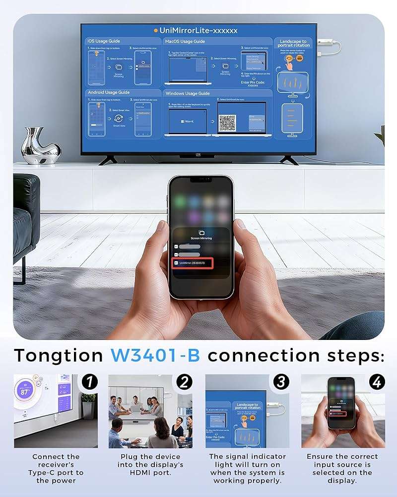 2026 Upgrade Wireless Display Dongle Adapter, Portable Transmitter 1080p HDMI Streaming, AirPlay/Miracast, 5GHz WiFi | Plug & Play for Smartphone/PC/TV/Projector - Image 5