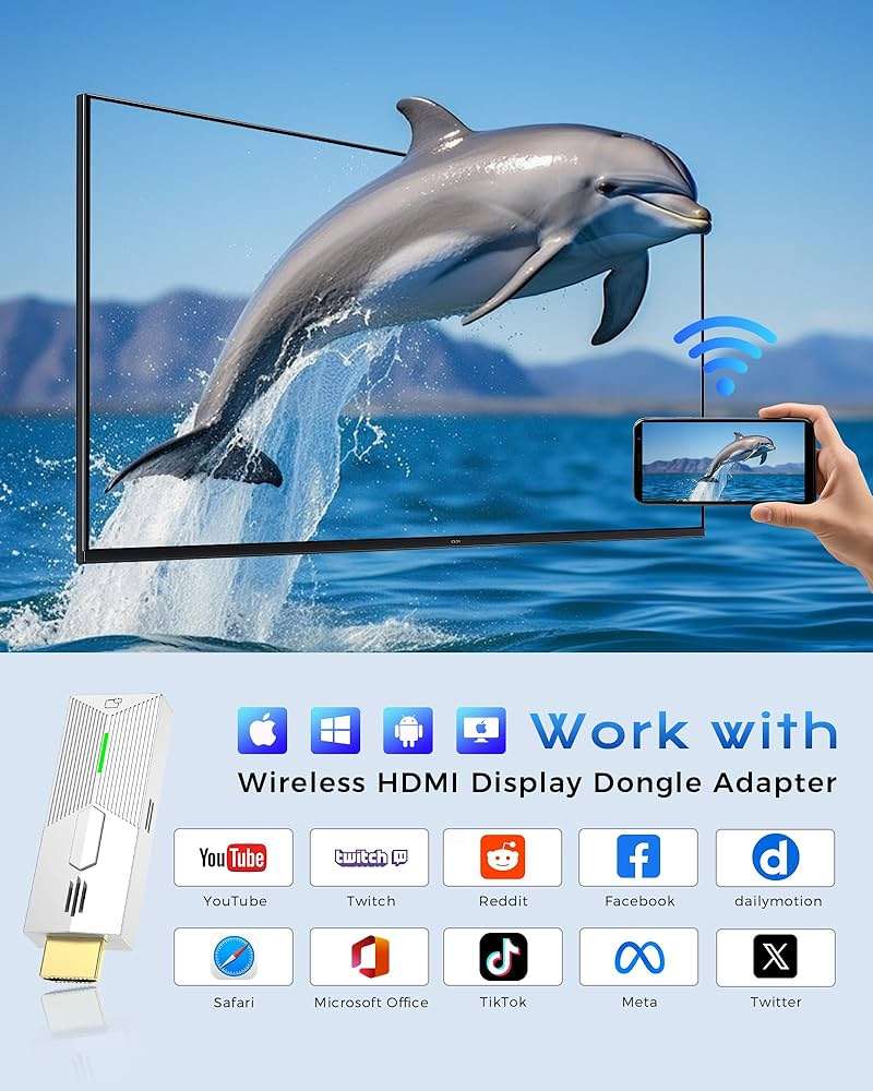 2026 Upgrade Wireless Display Dongle Adapter, Portable Transmitter 1080p HDMI Streaming, AirPlay/Miracast, 5GHz WiFi | Plug & Play for Smartphone/PC/TV/Projector - Image 6