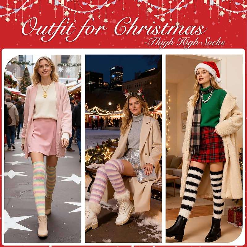 Zando Christmas Fuzzy Striped Thigh High Socks for Women Over the Knee Socks Thigh Highs Leg Warmers Drawstring Gift Bags - Image 6