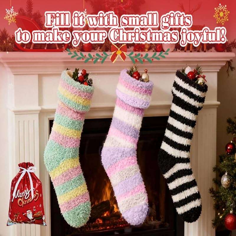 Zando Christmas Fuzzy Striped Thigh High Socks for Women Over the Knee Socks Thigh Highs Leg Warmers Drawstring Gift Bags - Image 7