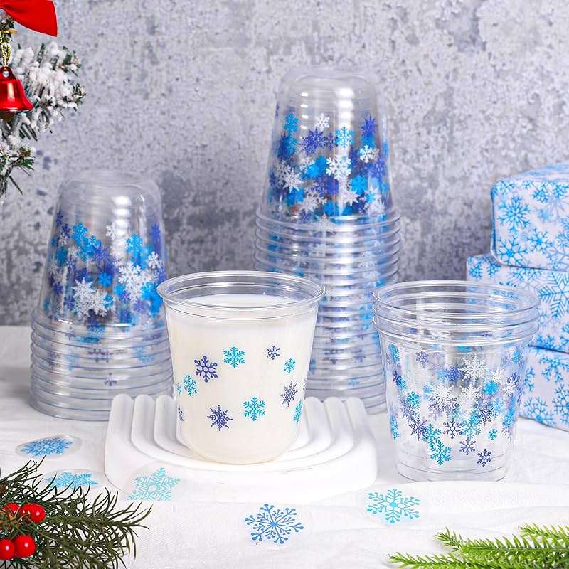 Whaline 50Pcs Christmas Plastic Cups 12 Oz Winter Snowflake Disposable Clear Stemless Wine Cocktail Glasses PET Drinkware Cups Set for Holiday Party Supplies - Image 2