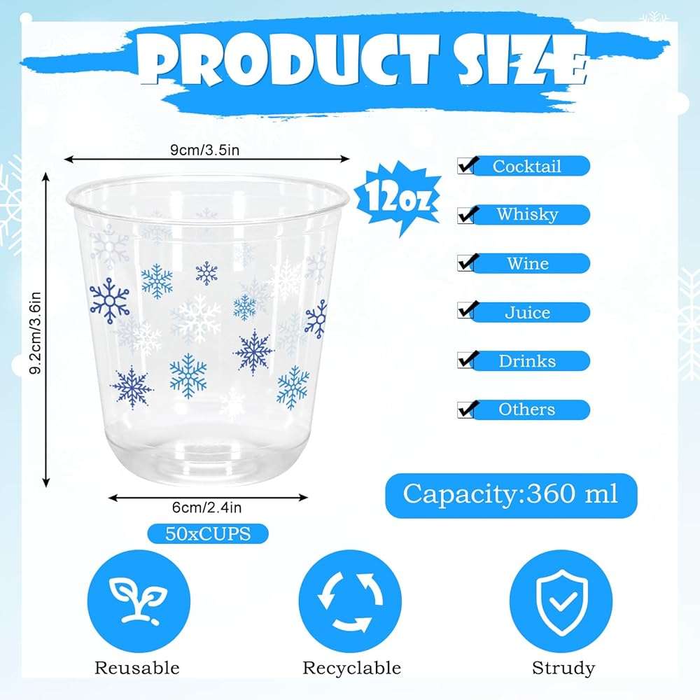 Whaline 50Pcs Christmas Plastic Cups 12 Oz Winter Snowflake Disposable Clear Stemless Wine Cocktail Glasses PET Drinkware Cups Set for Holiday Party Supplies - Image 3