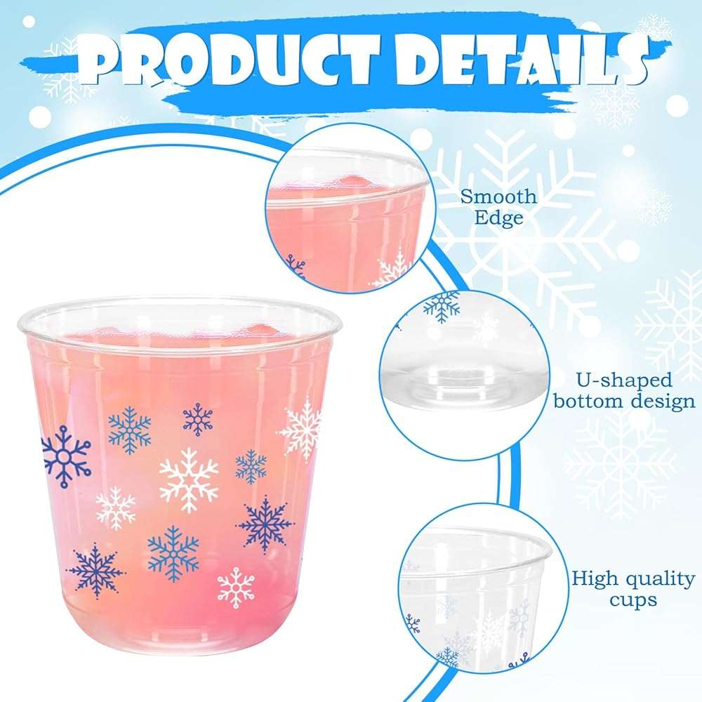Whaline 50Pcs Christmas Plastic Cups 12 Oz Winter Snowflake Disposable Clear Stemless Wine Cocktail Glasses PET Drinkware Cups Set for Holiday Party Supplies - Image 4