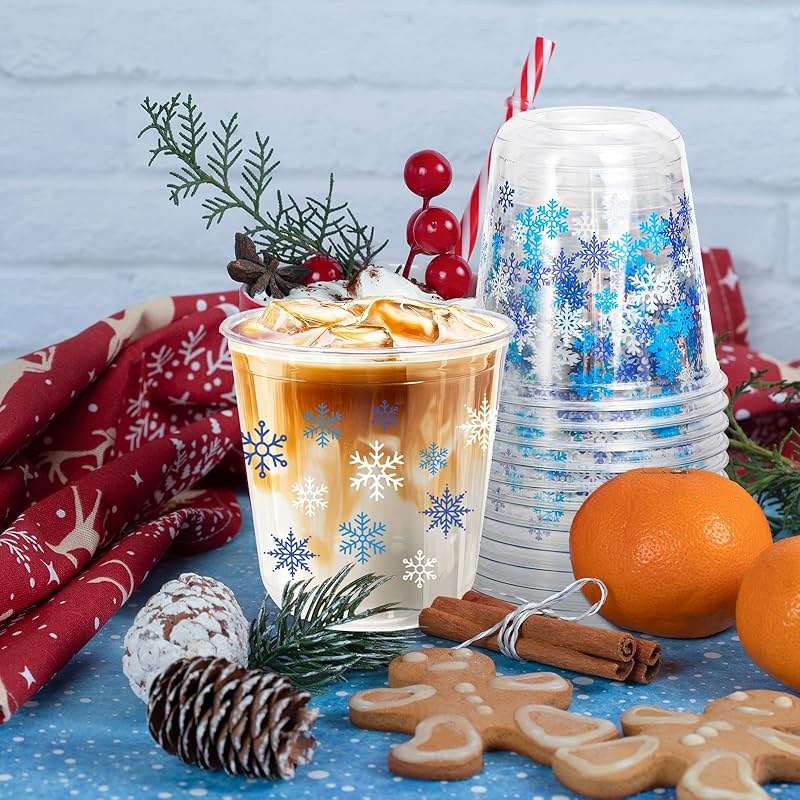 Whaline 50Pcs Christmas Plastic Cups 12 Oz Winter Snowflake Disposable Clear Stemless Wine Cocktail Glasses PET Drinkware Cups Set for Holiday Party Supplies - Image 5