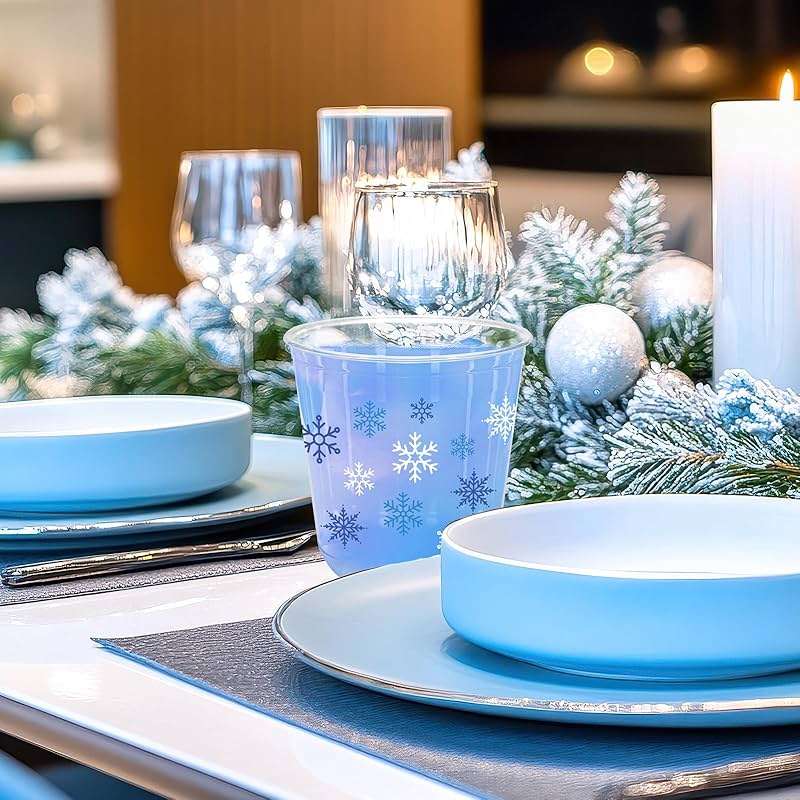 Whaline 50Pcs Christmas Plastic Cups 12 Oz Winter Snowflake Disposable Clear Stemless Wine Cocktail Glasses PET Drinkware Cups Set for Holiday Party Supplies - Image 6