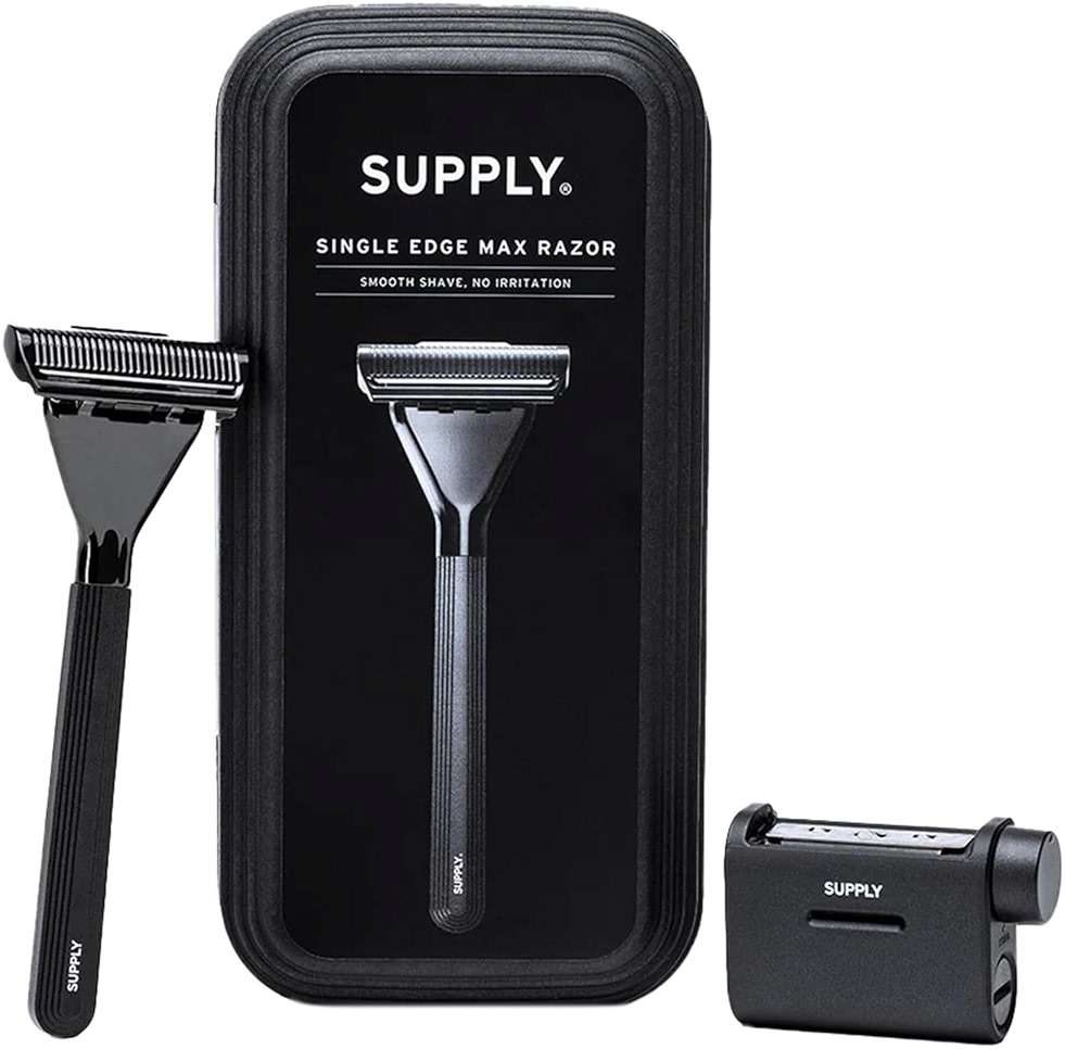 SUPPLY Single Edge Max Razor for Men – Premium Metal Single-Blade Safety Razor with Pivoting Head for Fewer Cuts and Irritation – Includes 8 Blades & Magnetic Reload System – Jet Black - Image 1