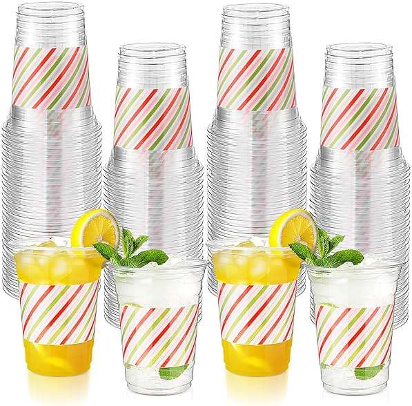Tiangrid 100 Pack Red and Green Striped Plastic Cups 16 oz Disposable Pastel Striped Carnival Party Cups Bulk for Circus Theme Birthday, Spring, Fiesta Party Supplies - Image 1