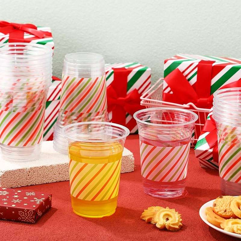 Tiangrid 100 Pack Red and Green Striped Plastic Cups 16 oz Disposable Pastel Striped Carnival Party Cups Bulk for Circus Theme Birthday, Spring, Fiesta Party Supplies - Image 2