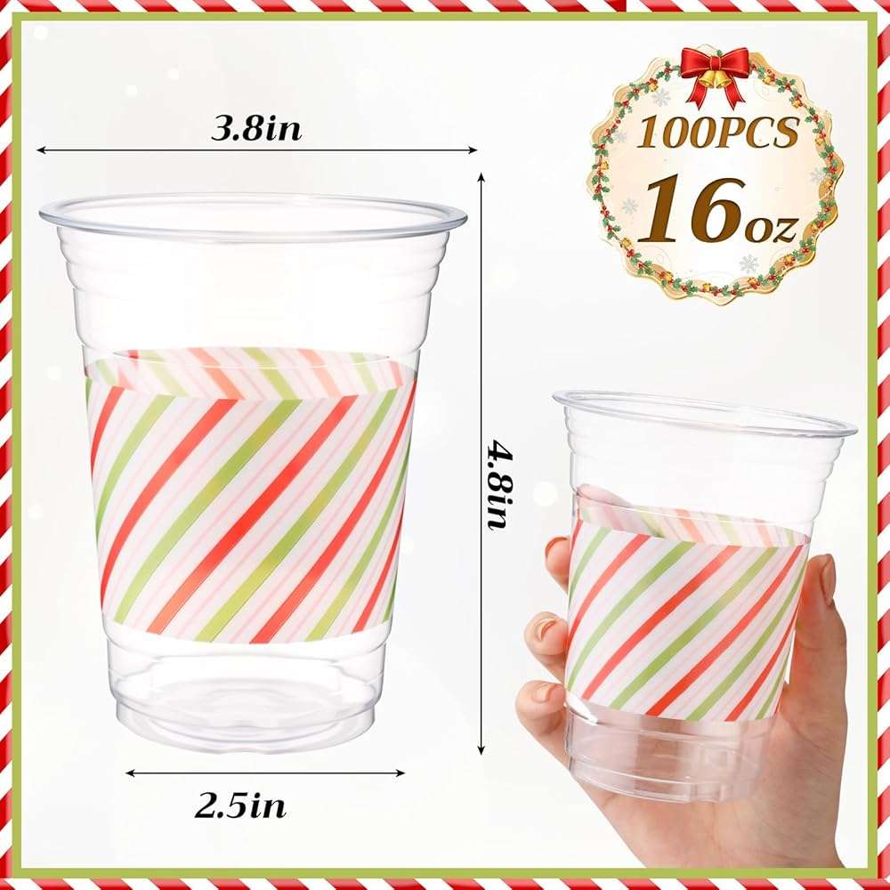 Tiangrid 100 Pack Red and Green Striped Plastic Cups 16 oz Disposable Pastel Striped Carnival Party Cups Bulk for Circus Theme Birthday, Spring, Fiesta Party Supplies - Image 3