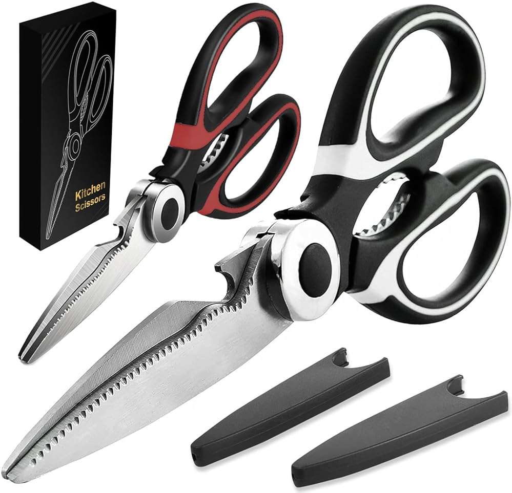 2 Pack Kitchen Scissors Heavy Duty, All Purpose Stainless Steel Kitchen Shears for Cutting Meat Chicken Crab Legs, Dishwasher Safe Seafood Scissors with Protective Cover (Black) - Image 1