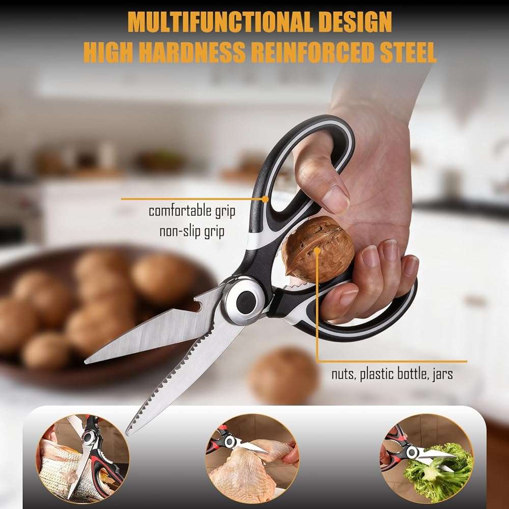 2 Pack Kitchen Scissors Heavy Duty, All Purpose Stainless Steel Kitchen Shears for Cutting Meat Chicken Crab Legs, Dishwasher Safe Seafood Scissors with Protective Cover (Black) - Image 3