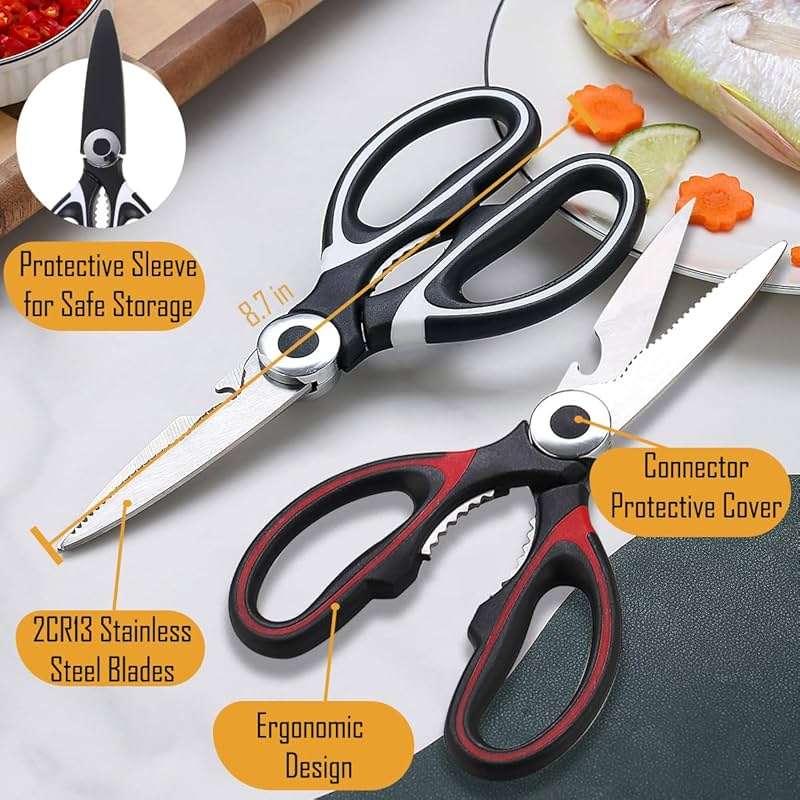 2 Pack Kitchen Scissors Heavy Duty, All Purpose Stainless Steel Kitchen Shears for Cutting Meat Chicken Crab Legs, Dishwasher Safe Seafood Scissors with Protective Cover (Black) - Image 5