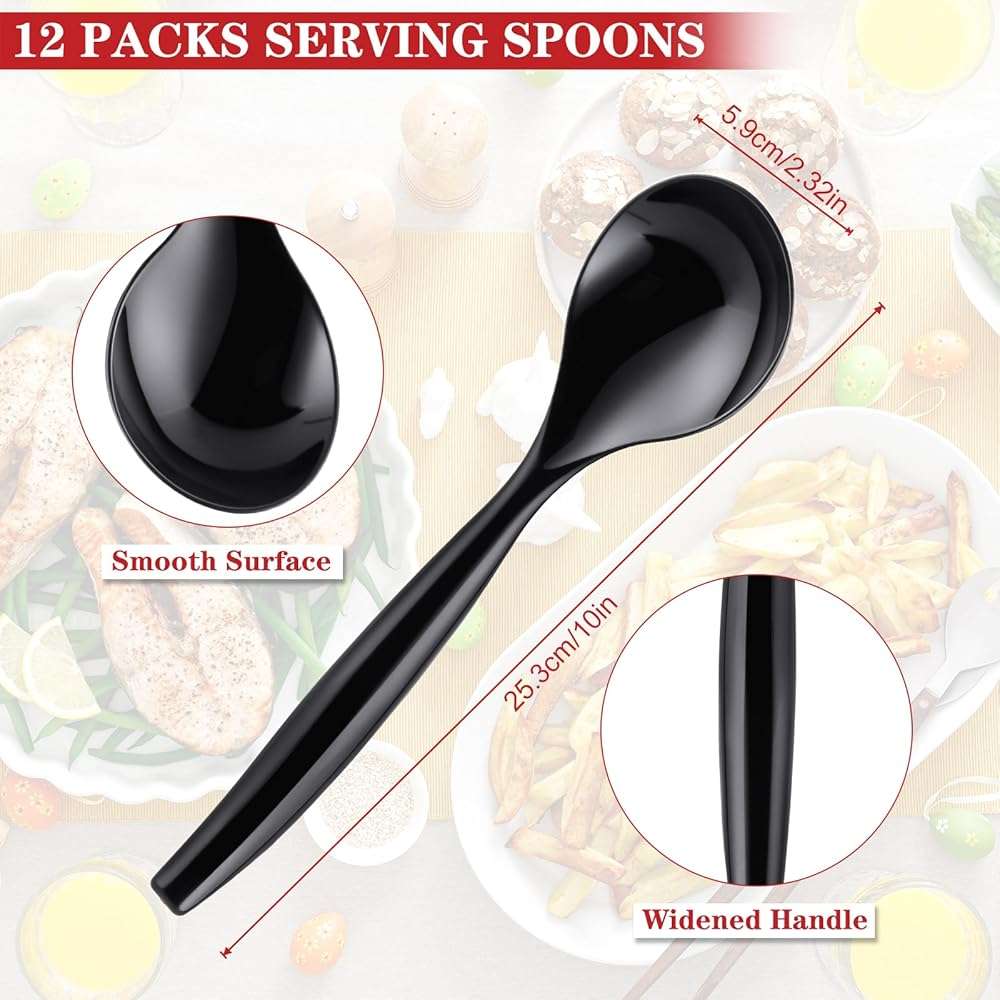 Mwellewm 10" Serving Spoons Plastic Serving Utensils 12 Packs Disposable Spoons for Buffet Large Heavy Duty Black Plastic Soup Spoons Catering Supplies for Parties Weddings Gatherings Holiday - Image 2