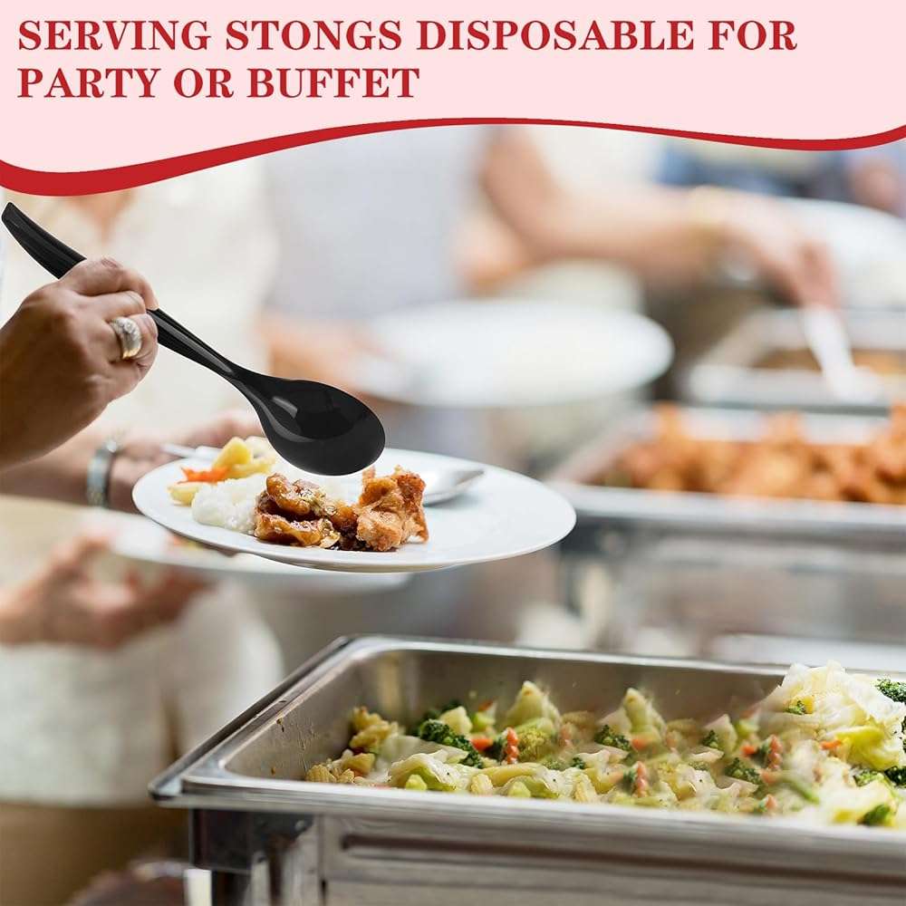 Mwellewm 10" Serving Spoons Plastic Serving Utensils 12 Packs Disposable Spoons for Buffet Large Heavy Duty Black Plastic Soup Spoons Catering Supplies for Parties Weddings Gatherings Holiday - Image 7