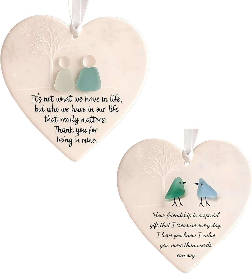 Heart-Shaped Sea Glass Friendship Decor, Sea Glass Art for Best Friends, Friendship Heart Ornament for Christmas Tree Hanging Ornaments (A + B) - Image 1