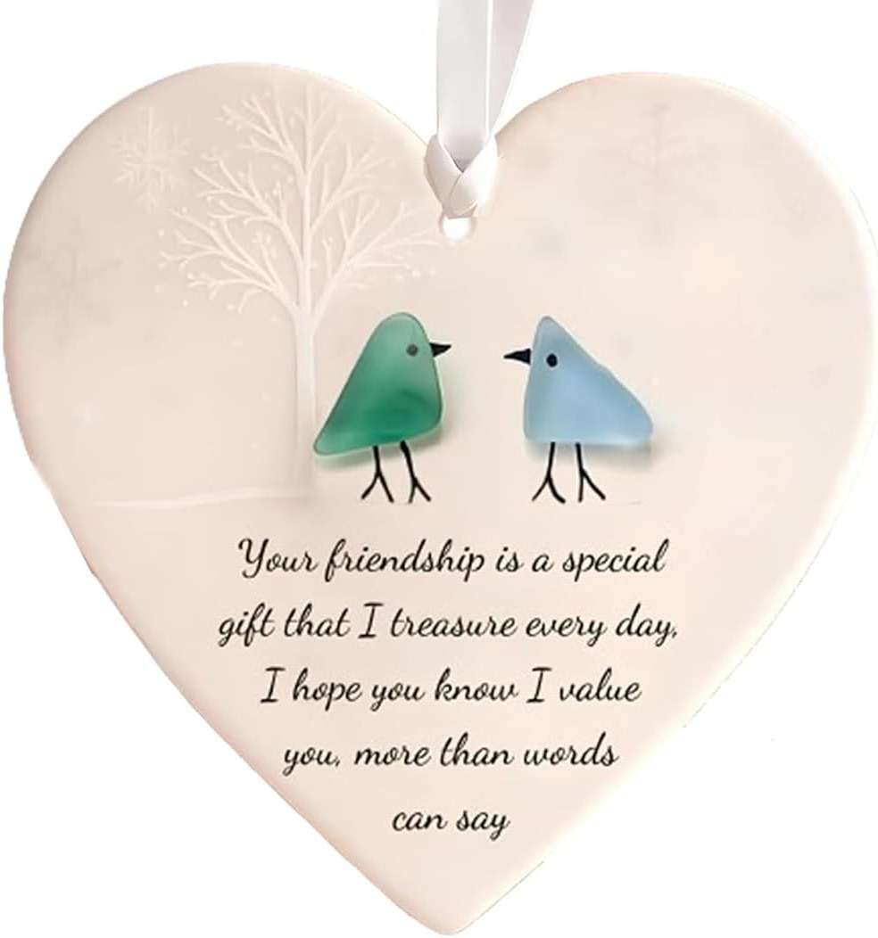 Heart-Shaped Sea Glass Friendship Decor, Sea Glass Art for Best Friends, Friendship Heart Ornament for Christmas Tree Hanging Ornaments (A + B) - Image 4