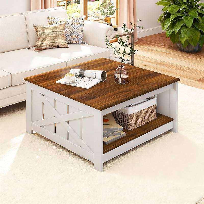 Giantex Farmhouse Coffee Table, 31 Inch Square Wood Coffee Table with Storage Shelf, 2-Tier Vintage Center Table with Open Compartment, Rustic Living Room Table for Home Office, White & Brown - Image 1
