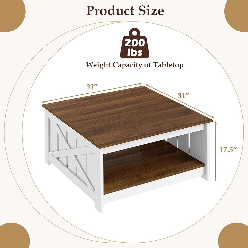 Giantex Farmhouse Coffee Table, 31 Inch Square Wood Coffee Table with Storage Shelf, 2-Tier Vintage Center Table with Open Compartment, Rustic Living Room Table for Home Office, White & Brown - Image 2