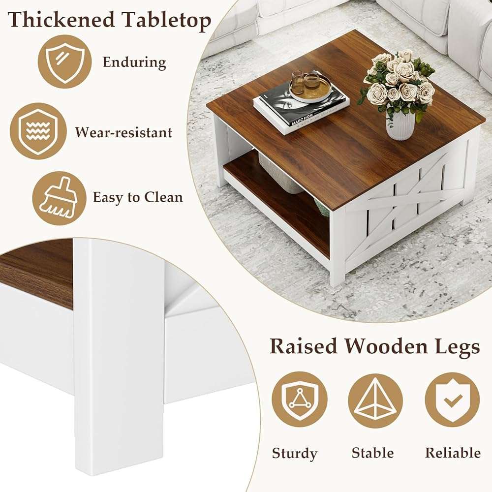 Giantex Farmhouse Coffee Table, 31 Inch Square Wood Coffee Table with Storage Shelf, 2-Tier Vintage Center Table with Open Compartment, Rustic Living Room Table for Home Office, White & Brown - Image 3
