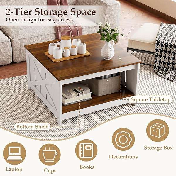Giantex Farmhouse Coffee Table, 31 Inch Square Wood Coffee Table with Storage Shelf, 2-Tier Vintage Center Table with Open Compartment, Rustic Living Room Table for Home Office, White & Brown - Image 4
