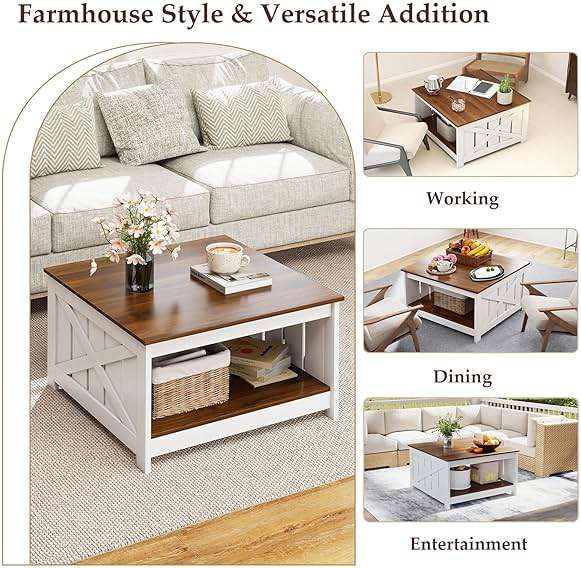Giantex Farmhouse Coffee Table, 31 Inch Square Wood Coffee Table with Storage Shelf, 2-Tier Vintage Center Table with Open Compartment, Rustic Living Room Table for Home Office, White & Brown - Image 5