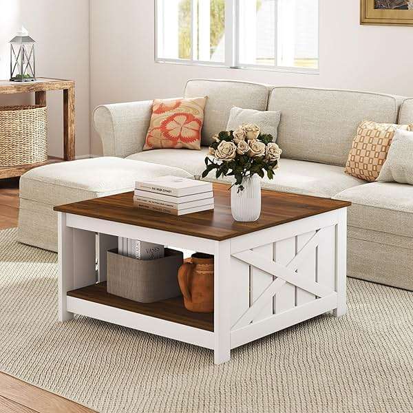 Giantex Farmhouse Coffee Table, 31 Inch Square Wood Coffee Table with Storage Shelf, 2-Tier Vintage Center Table with Open Compartment, Rustic Living Room Table for Home Office, White & Brown - Image 6