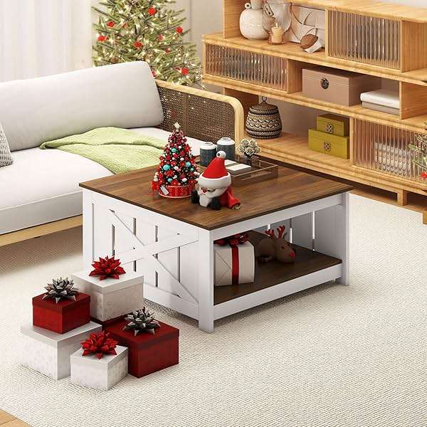 Giantex Farmhouse Coffee Table, 31 Inch Square Wood Coffee Table with Storage Shelf, 2-Tier Vintage Center Table with Open Compartment, Rustic Living Room Table for Home Office, White & Brown - Image 7