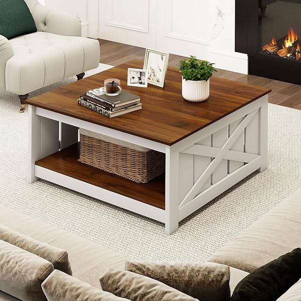 Giantex Farmhouse Coffee Table, 31 Inch Square Wood Coffee Table with Storage Shelf, 2-Tier Vintage Center Table with Open Compartment, Rustic Living Room Table for Home Office, White & Brown - Image 8