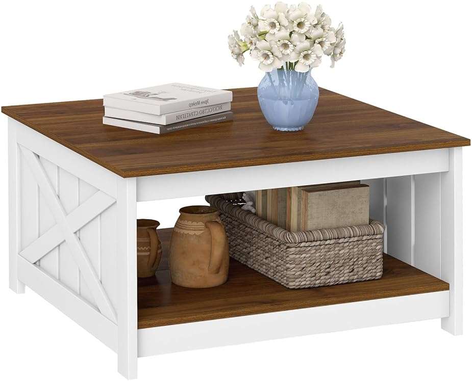 Giantex Farmhouse Coffee Table, 31 Inch Square Wood Coffee Table with Storage Shelf, 2-Tier Vintage Center Table with Open Compartment, Rustic Living Room Table for Home Office, White & Brown - Image 9