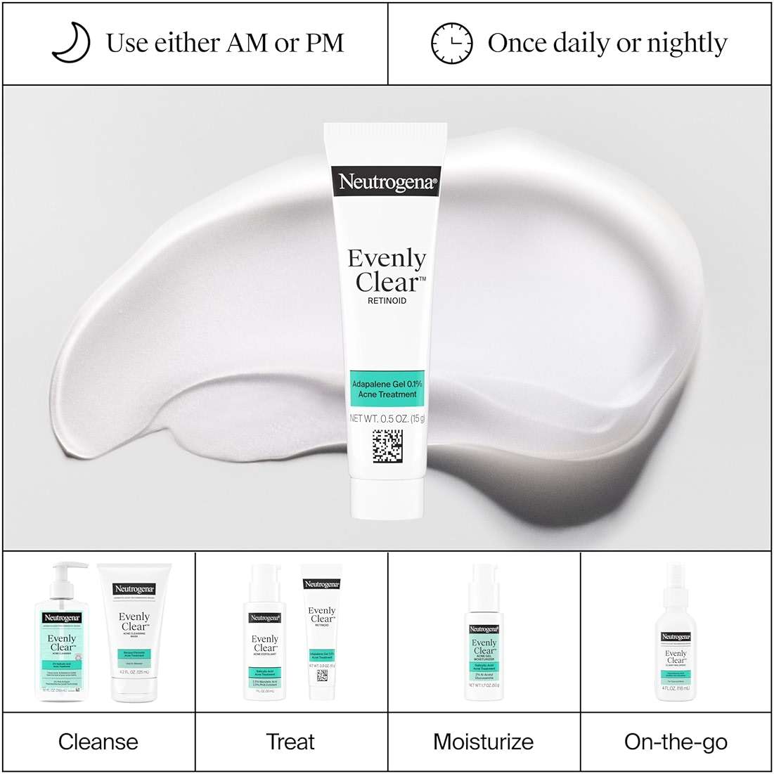 Neutrogena Evenly Clear Retinoid Adapalene Gel 0.1% Acne Spot Treatment, Once-Daily Topical Retinoid Helps Clear Breakouts & Visible Improvement in the Appearance of Post-Acne Mark, 0.5 oz - Image 6