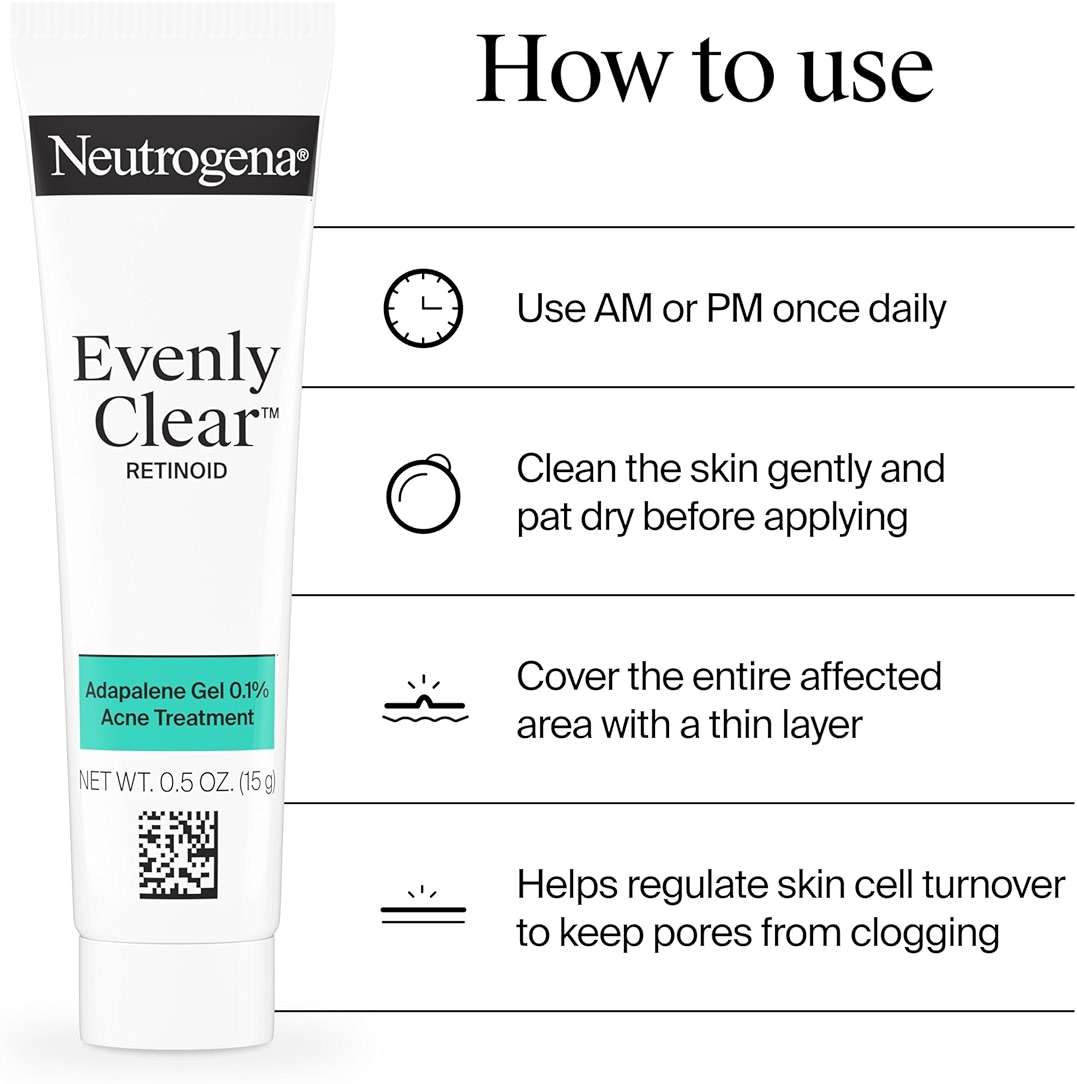 Neutrogena Evenly Clear Retinoid Adapalene Gel 0.1% Acne Spot Treatment, Once-Daily Topical Retinoid Helps Clear Breakouts & Visible Improvement in the Appearance of Post-Acne Mark, 0.5 oz - Image 7