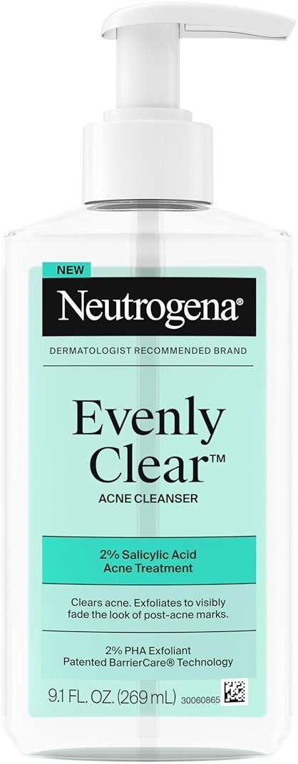 Neutrogena Evenly Clear Acne Cleanser with 2% Salicylic Acid & 2% PHA Exfoliant, Gentle Foaming Face Wash Clears Clogged Pores & Blackheads While Visibly Fading Look of Post-Acne Marks, 9.1 fl. oz - Image 1