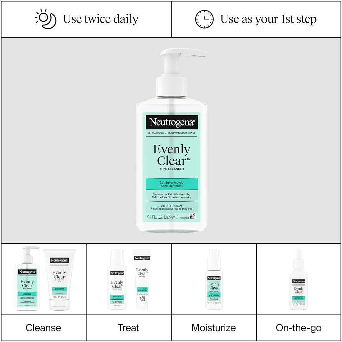 Neutrogena Evenly Clear Acne Cleanser with 2% Salicylic Acid & 2% PHA Exfoliant, Gentle Foaming Face Wash Clears Clogged Pores & Blackheads While Visibly Fading Look of Post-Acne Marks, 9.1 fl. oz - Image 8