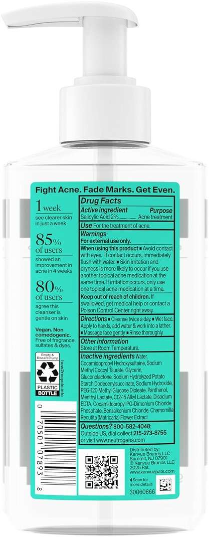 Neutrogena Evenly Clear Acne Cleanser with 2% Salicylic Acid & 2% PHA Exfoliant, Gentle Foaming Face Wash Clears Clogged Pores & Blackheads While Visibly Fading Look of Post-Acne Marks, 9.1 fl. oz - Image 9
