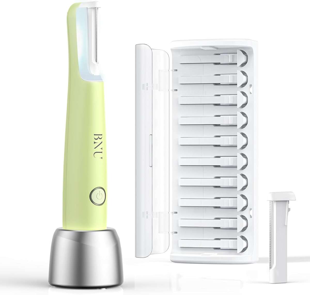 BNU Dermaplaning Tool for Face, Sonic Dermaplane Razor for Women Face LED Light Facial Exfoliation & Peach Fuzz Hair Removal, 3 Speeds Rechargeable Sonic Edge Technology 10 Refill Blades Green - Image 1