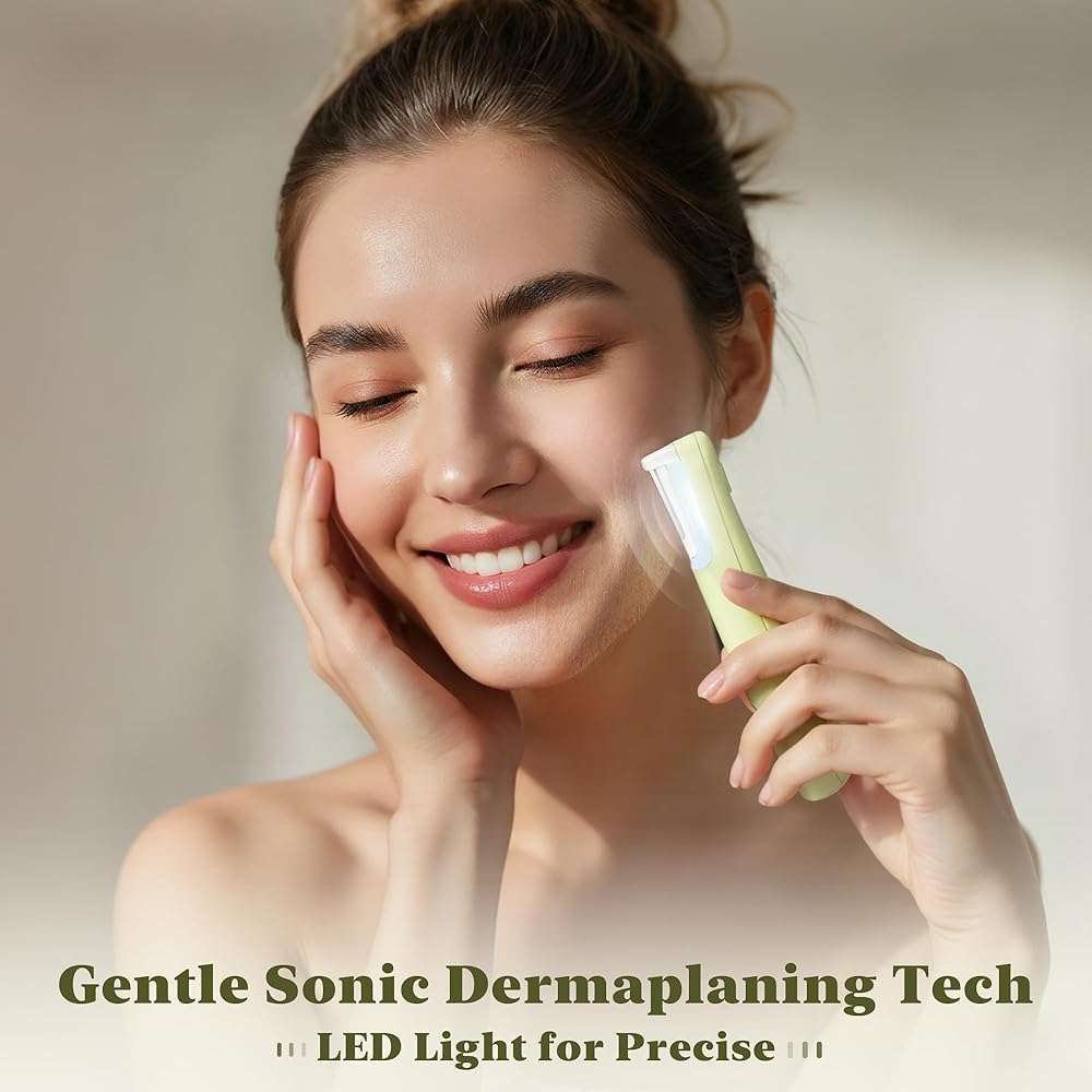 BNU Dermaplaning Tool for Face, Sonic Dermaplane Razor for Women Face LED Light Facial Exfoliation & Peach Fuzz Hair Removal, 3 Speeds Rechargeable Sonic Edge Technology 10 Refill Blades Green - Image 5