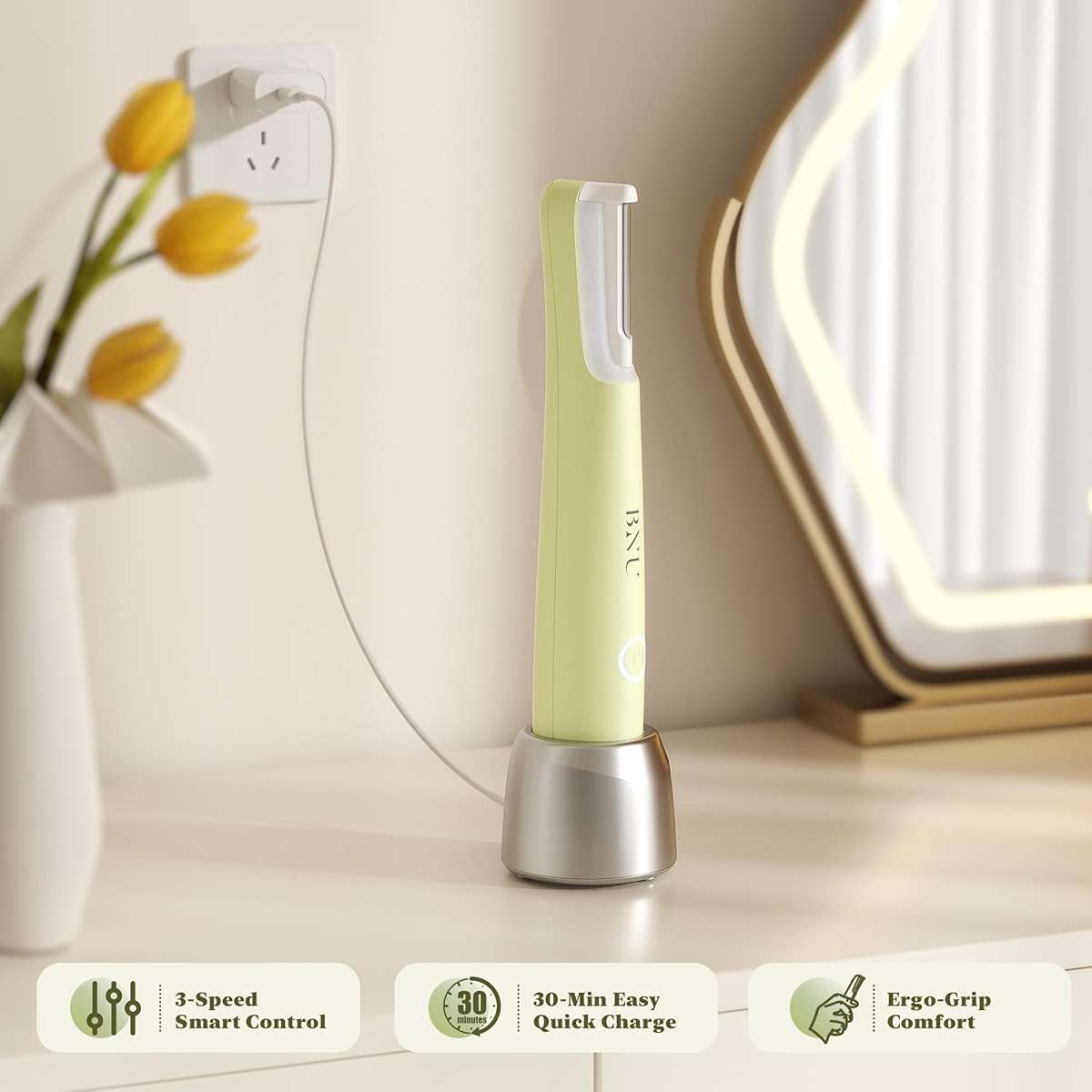 BNU Dermaplaning Tool for Face, Sonic Dermaplane Razor for Women Face LED Light Facial Exfoliation & Peach Fuzz Hair Removal, 3 Speeds Rechargeable Sonic Edge Technology 10 Refill Blades Green - Image 6