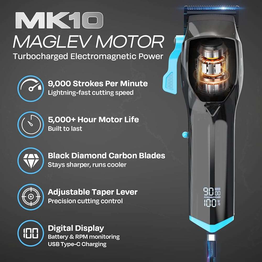 HUMMINGBIRD MK10 Pro Series Cordless Hair Clippers – 9,000 RPM Brushless Motor, DLC Blade, USB-C Rechargeable, Super Torque, Professional Barber Clippers, Haircut Kit, Includes Barber Cape & Comb - Image 2
