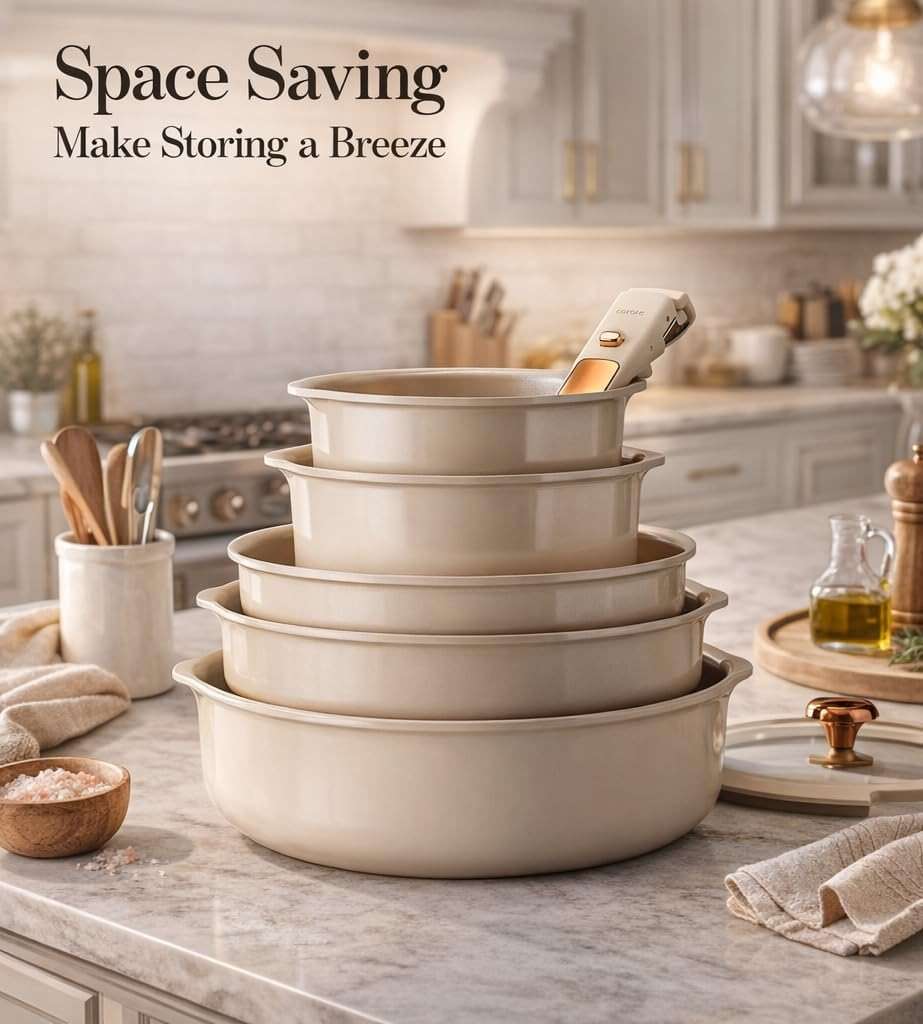 CAROTE 18Pcs Ceramic Cookware Set with Detachable Handle, Pots and Pans Set Non Stick, Non Toxic Cookware Set Removable Handles, Induction Kitchen Cookware Sets, Dishwasher/Oven Safe - Image 2