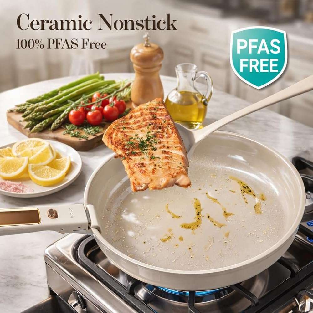 CAROTE 18Pcs Ceramic Cookware Set with Detachable Handle, Pots and Pans Set Non Stick, Non Toxic Cookware Set Removable Handles, Induction Kitchen Cookware Sets, Dishwasher/Oven Safe - Image 3