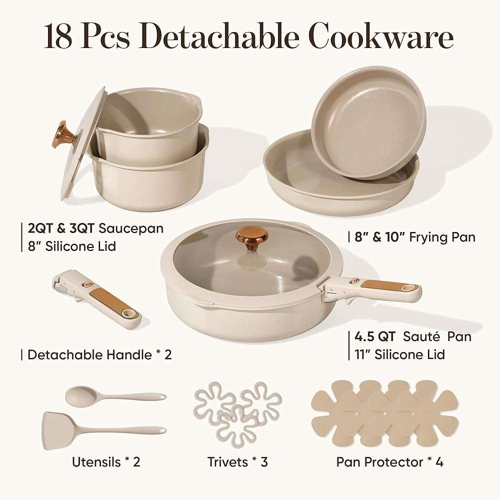 CAROTE 18Pcs Ceramic Cookware Set with Detachable Handle, Pots and Pans Set Non Stick, Non Toxic Cookware Set Removable Handles, Induction Kitchen Cookware Sets, Dishwasher/Oven Safe - Image 4