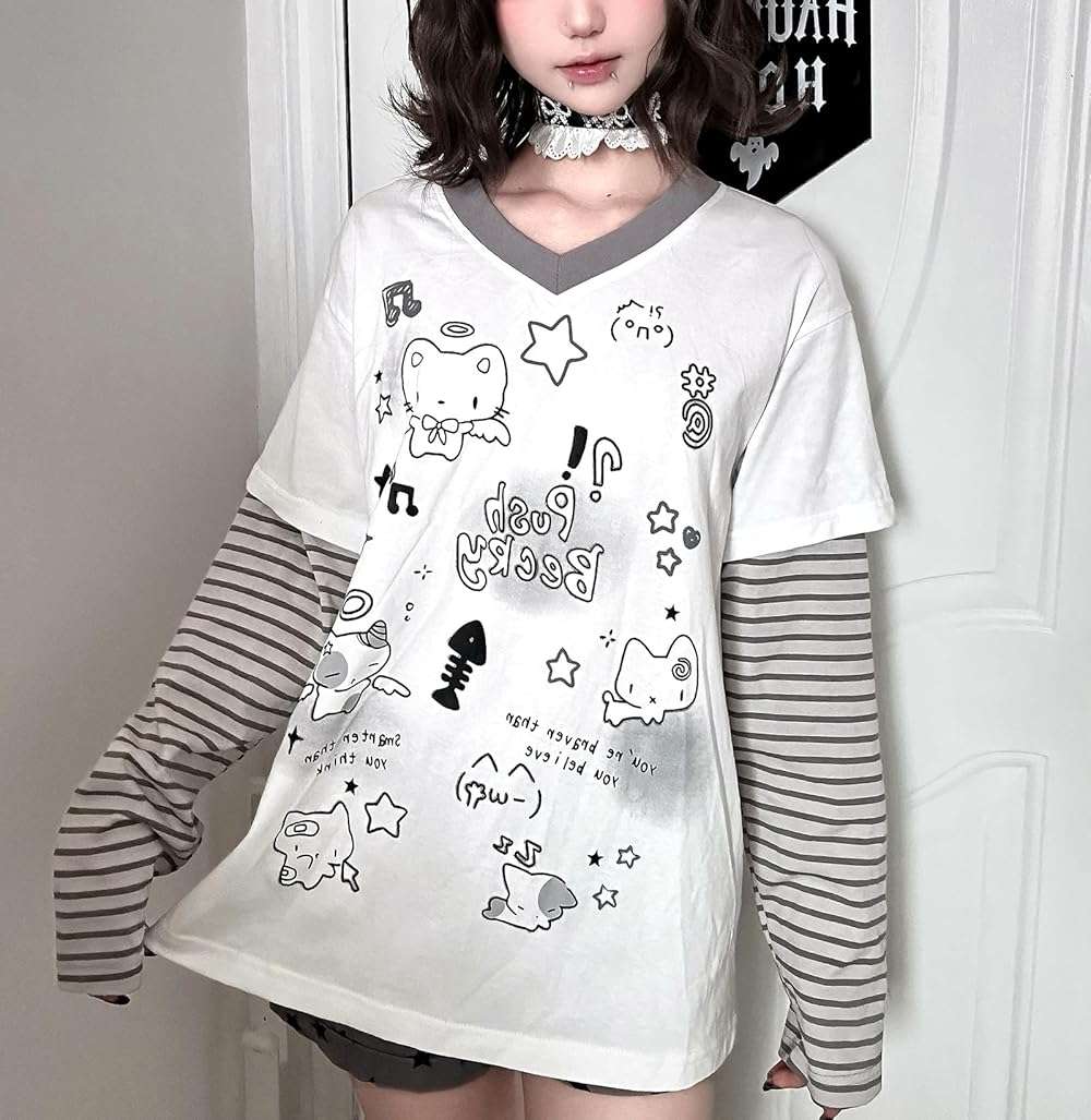 GOTHPICKUS Womens Y2k Cute Graphic Sweatshirts Harajuku Kawaii Striped Sweatshirt Patchwork Cartoon Casual T-Shirts - Image 2