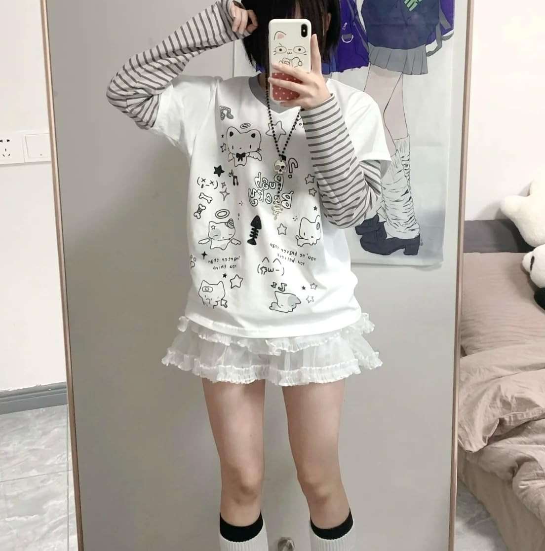 GOTHPICKUS Womens Y2k Cute Graphic Sweatshirts Harajuku Kawaii Striped Sweatshirt Patchwork Cartoon Casual T-Shirts - Image 3