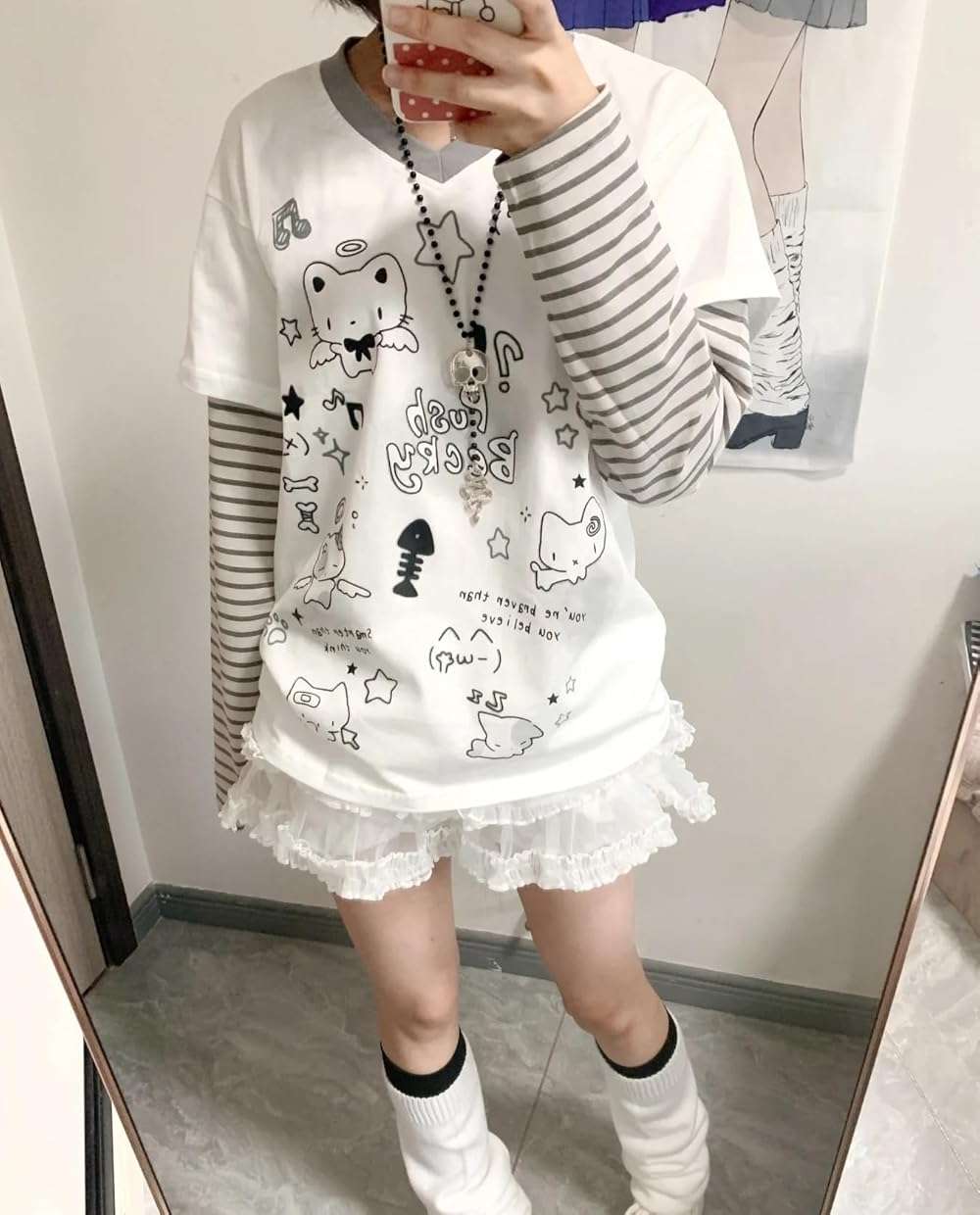 GOTHPICKUS Womens Y2k Cute Graphic Sweatshirts Harajuku Kawaii Striped Sweatshirt Patchwork Cartoon Casual T-Shirts - Image 4