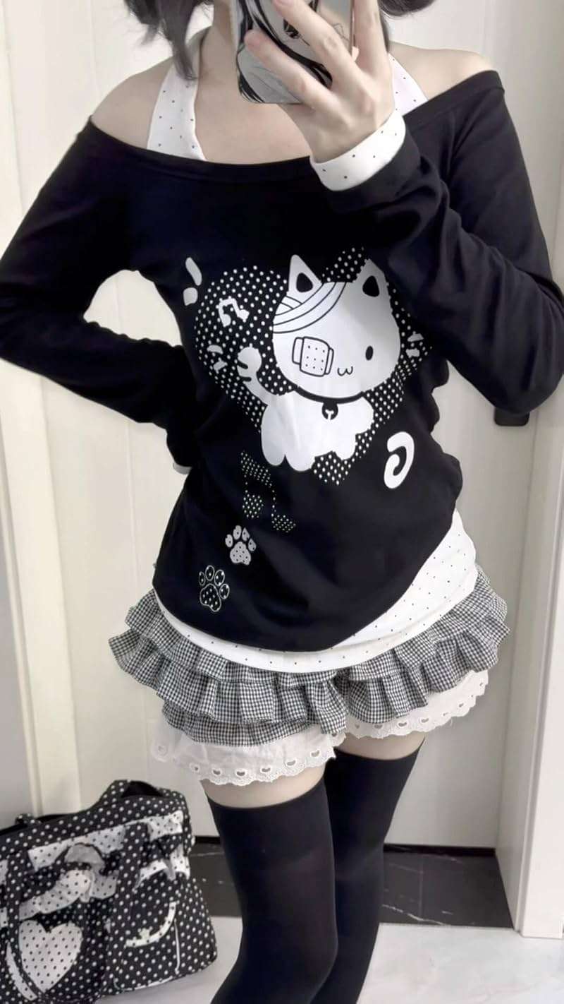 GOTHPICKUS Y2K Off Shoulder Kawaii Cute Graphic Sweatshirt Casual Long Sleeves Hrajuku Tops Cat Print Pullover Sweatshirts - Image 2