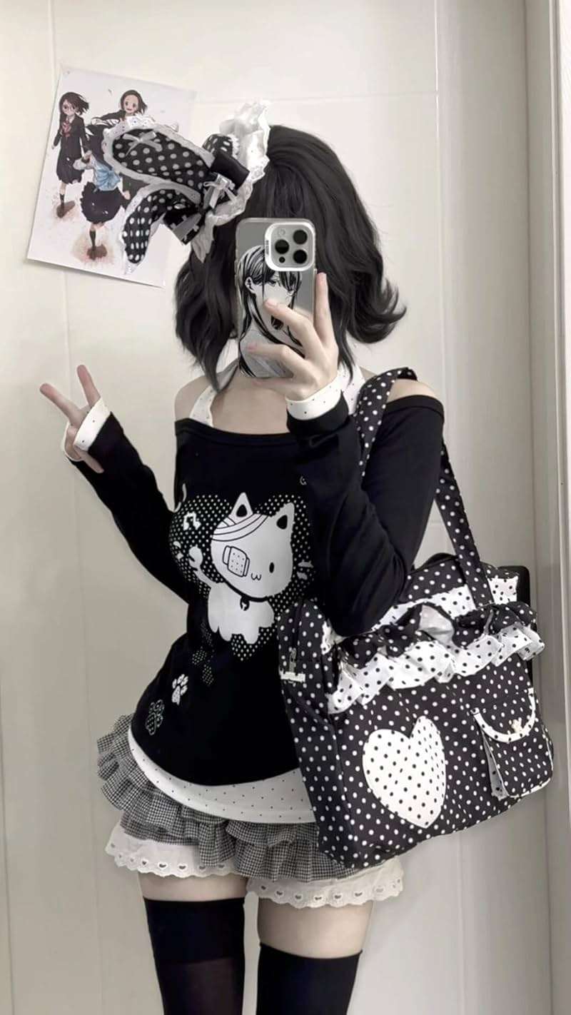 GOTHPICKUS Y2K Off Shoulder Kawaii Cute Graphic Sweatshirt Casual Long Sleeves Hrajuku Tops Cat Print Pullover Sweatshirts - Image 3