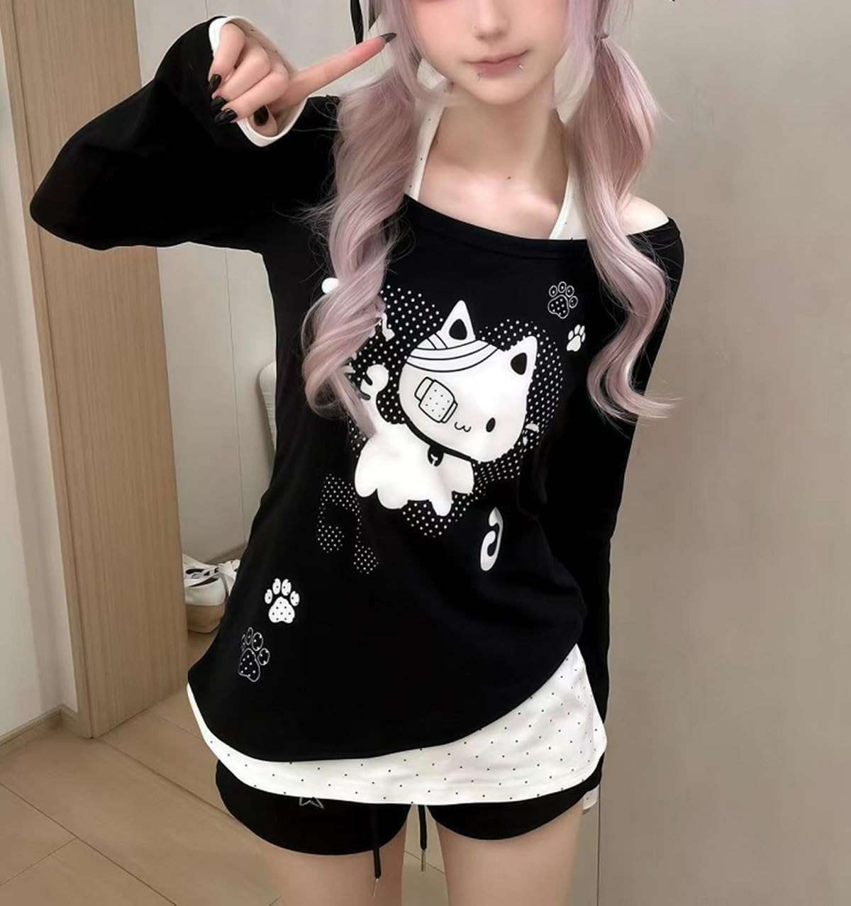 GOTHPICKUS Y2K Off Shoulder Kawaii Cute Graphic Sweatshirt Casual Long Sleeves Hrajuku Tops Cat Print Pullover Sweatshirts - Image 4