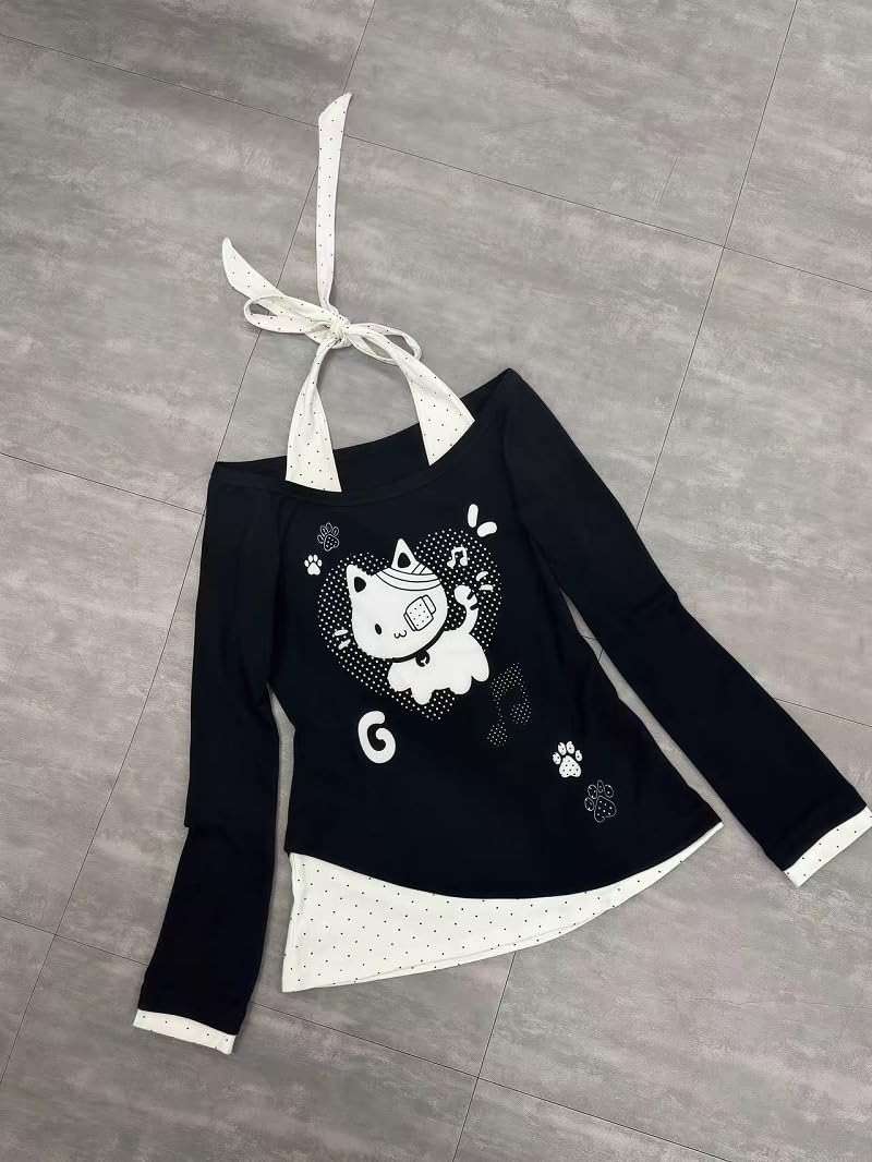 GOTHPICKUS Y2K Off Shoulder Kawaii Cute Graphic Sweatshirt Casual Long Sleeves Hrajuku Tops Cat Print Pullover Sweatshirts - Image 6